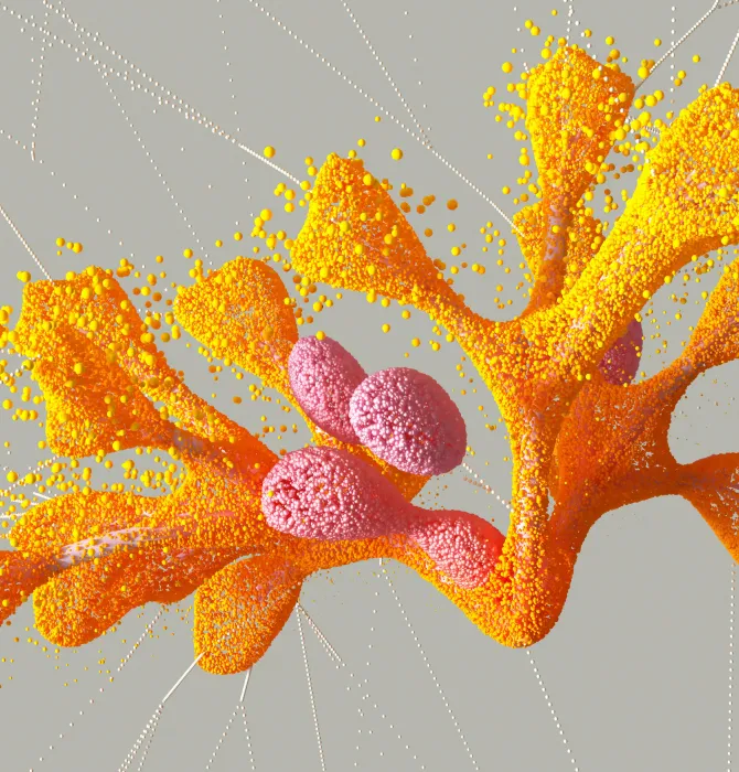 Abstract yellow and orange organic 3D shape with particle texture